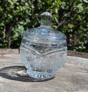 Vintage Lead Crystal German Cut Etched Glass Lidded Jar Heavy Candy Trinket